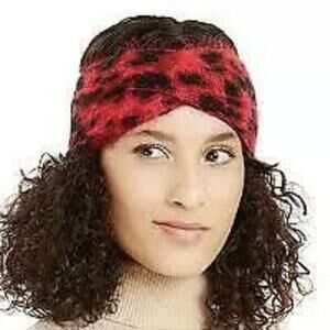 DKNY NEW Fuzzy Red Black Animal Print Knit Front Twist Headband Ear Warmer Head